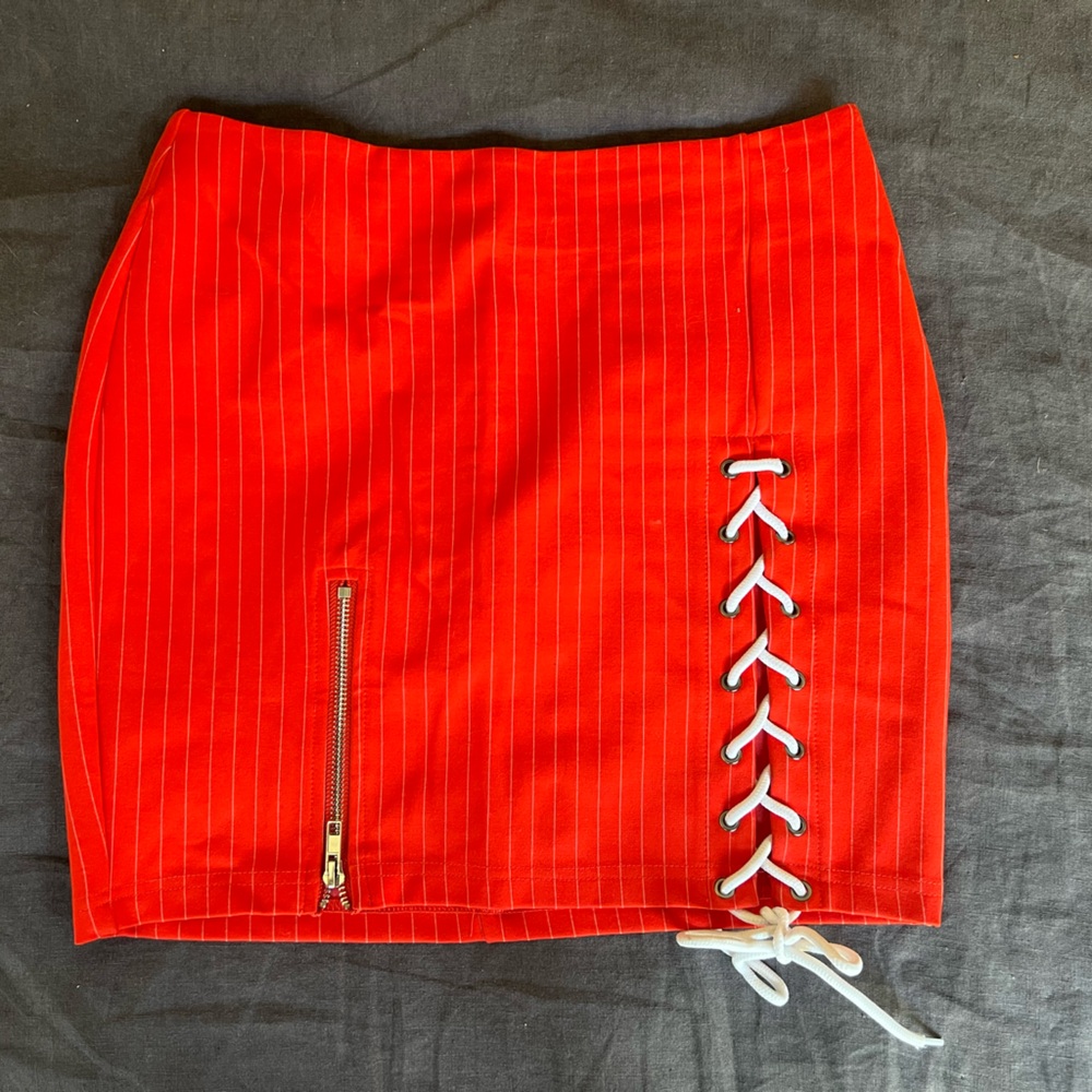 Guizio orange red mini skirt with stripes and lace up on one side